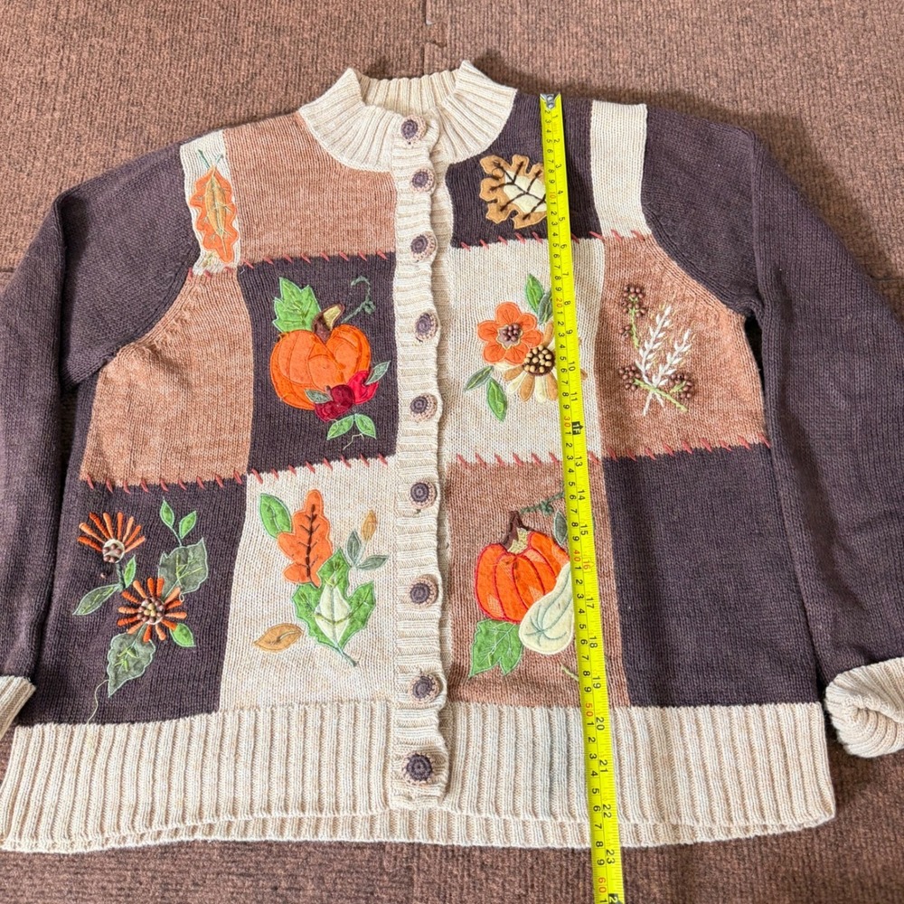 Tiara International Fall Patchwork Cardigan Pumpkin Embroidered Sweater Brown L - Picture 4 of 10